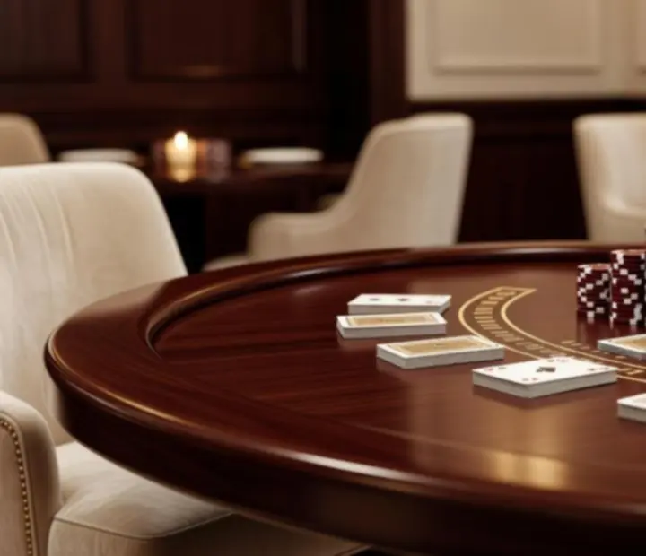 Detail blackjackového stola s kartami a žetónmi v reštaurácii Elite Occasionn