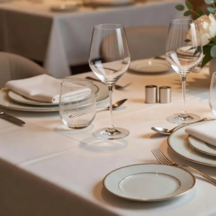 Detail elegantného stolovania s dekoráciami a pohármi v teplom svetle