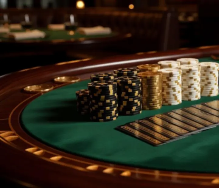 Detail prémiového pokerového stola so žetónmi a kartami