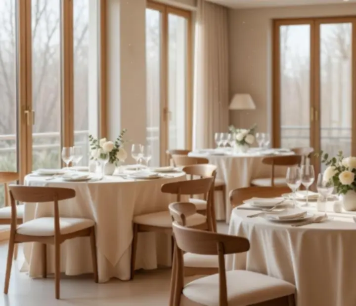 Svetlá reštauračná sála Elite Occasionn s elegantným prestieraním a teplou atmosférou